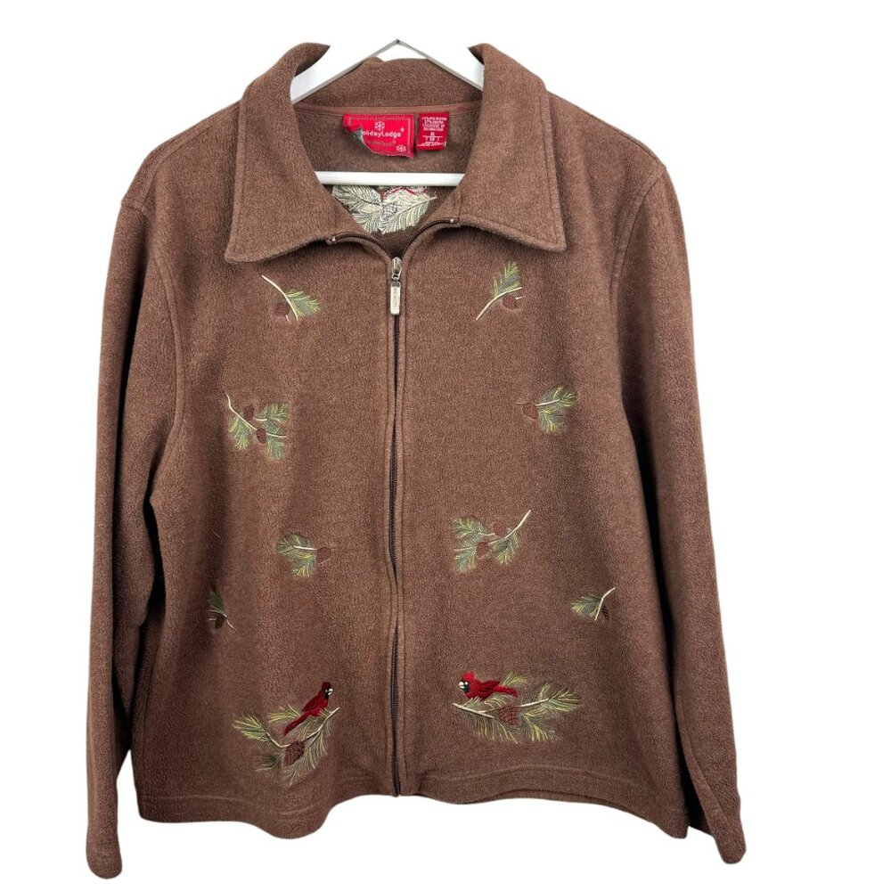 Holiday Lodge North Crest Sweater Women XL 18 Brown Fleece Cardinal Zip Cardigan